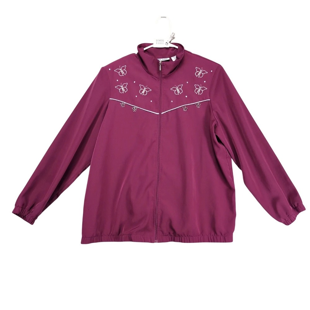 Blair Butterfly Embroidered Jacket Womens L Full Zip Silver Rhinestone Charms